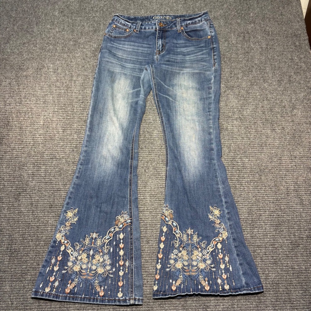 Grace in LA Women 28 Embroidered Sequin Flare Jeans Medium Wash Boho Western